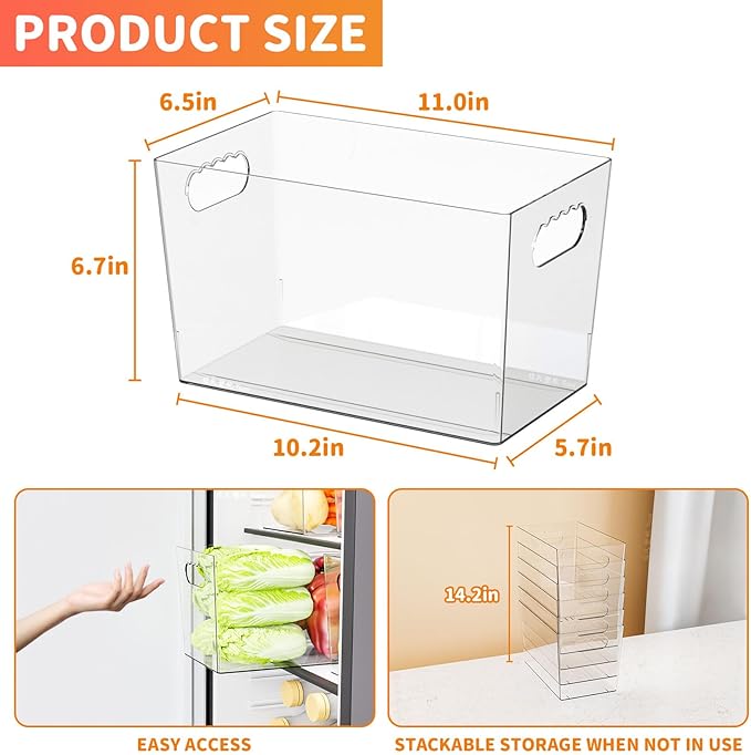 6 Pack Plastic Clear Bins for Organizing- With Handle -11″ Large Pantry Organizer Bins for Shelves Snack,Food or Cleaning Supplies,Fridge Organizers and Storage,Acrylic Kitchen Storage Containers