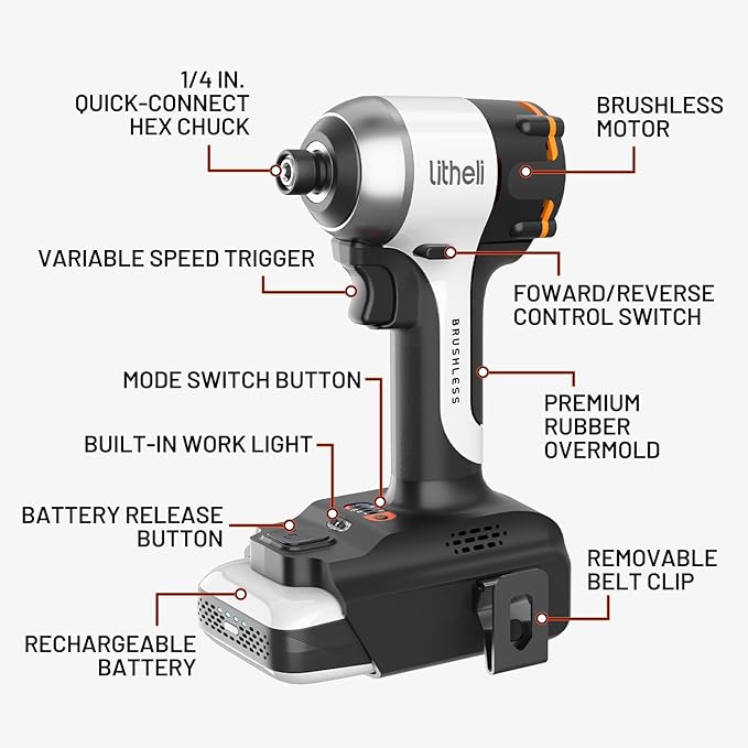 Litheli 20V Cordless Impact Driver Kit, 2035 in-lbs Max Torque, 1/4 in. Hex Power Drill/Driver (Battery and Charger not Included)