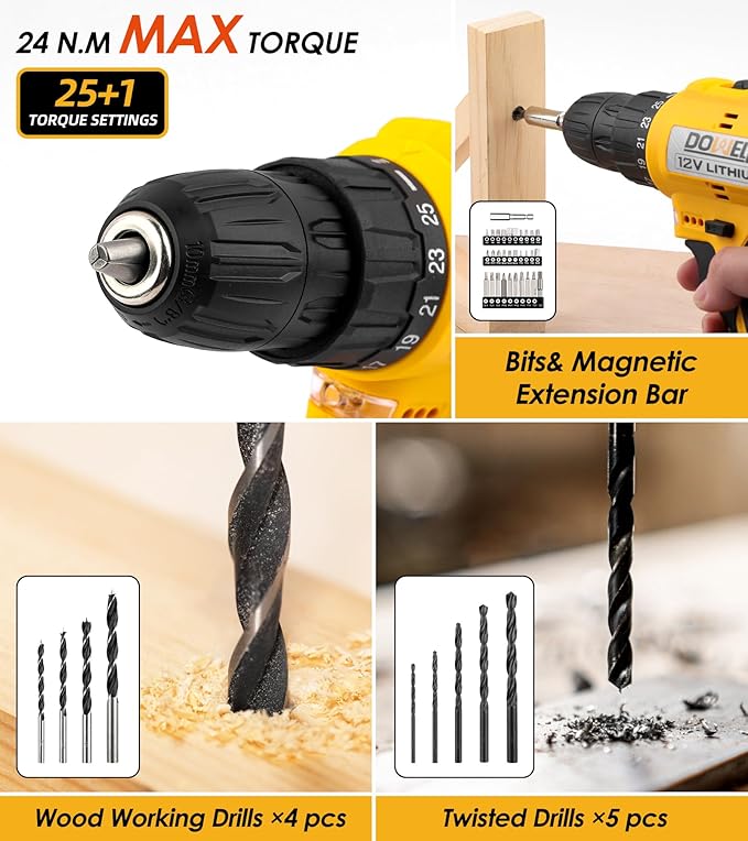 DOWELL 147 Pcs Tool Kit with 12V Cordless Drill with 3/8" Keyless Chuck for Home, Men, Built-in LED, Type-C Charge Cable