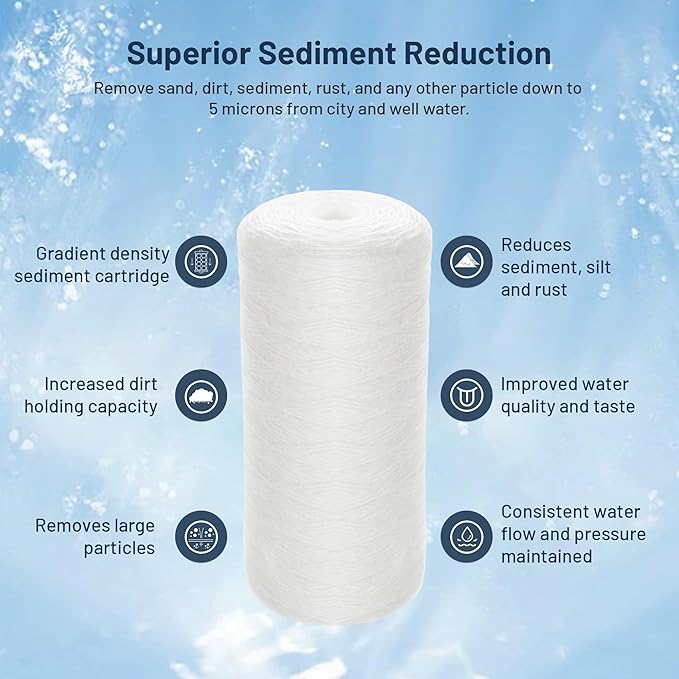 Whole House Water Filter Cartridge Replacement for Well Water, 5 Micron Water Filter 10" x 4.5" String Wound Sediment Water Filter Compatible with PSE1800, PC40, SWC-45-1005, WP5BB97P - 3 Pack