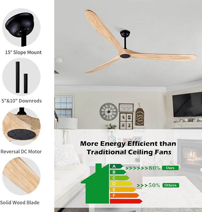 Bigzone 88" Large Ceiling Fan No Light With Remote, DC Motor Quiet Energy Saving,3 Balsa Wood Blades,Outdoor/Indoor Ceiling Fan With Reversible Blades