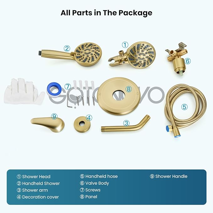 gotonovo Dual 2 in 1 Shower Head Kit High Pressure Combo System Shower Faucet 6 Modes ABS Handheld Spray Shower Trim Kit with Valve Shower Head and Handle Set Brushed Gold
