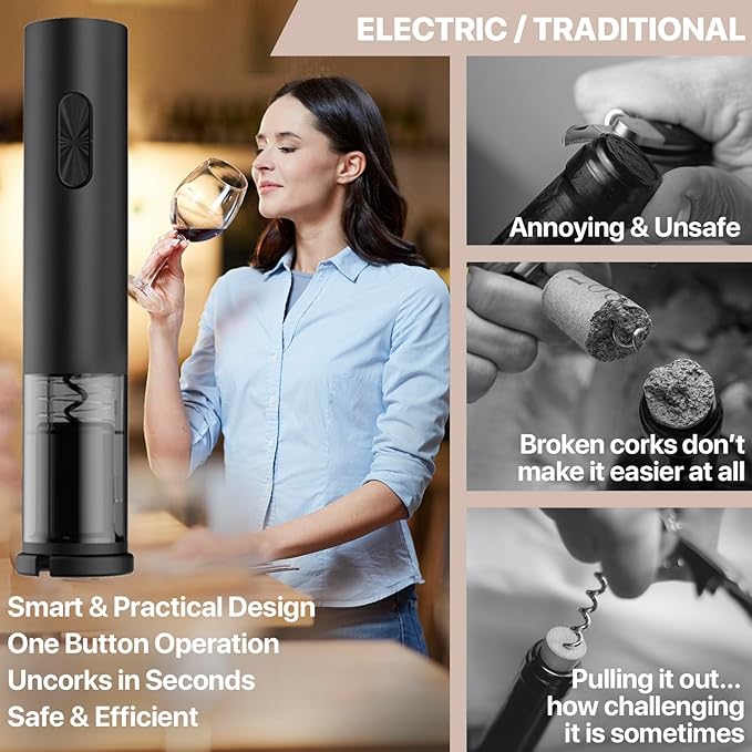Electric Wine Opener – Wine Bottle Opener Kit with Foil Cutter, Wine Aerator, Vacuum Stopper – Battery-Operated Corkscrew Wine Opener – Cordless Automatic Wine Opener – Birthday Wine Gift Set