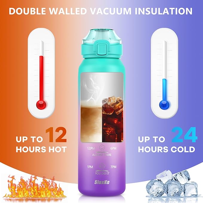 Sports Water Bottle 18/10 Stainless Steel 32oz with 2Lids, 1000ml Insulated Water Bottle Double Walled with Handle, Metal Canteen Keep Cold 48H Hot 24H for Men, Women & Kids