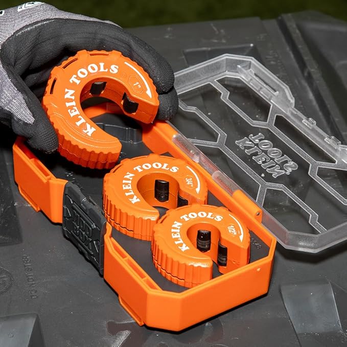 Klein Tools 50048 C-Style Copper Tubing Cutter Set with 1/2, 3/4, and 1-Inch Cutters, MODbox Case, Ultra-Compact for Tight Spaces, 3-Piece