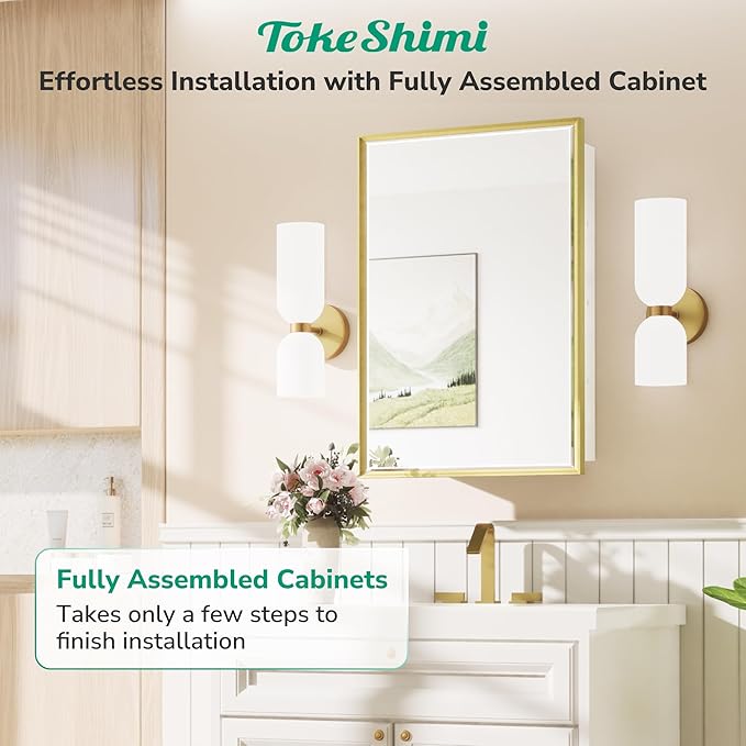 TokeShimi 17x25 Recessed Medicine Cabinet with Mirror Surface Mount, Aluminum Framed Metal White and Gold Medicine Cabinet with Mirrored, Bathroom Beveled Mirror Adjustable Storage