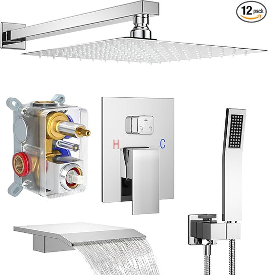 Shower System with Tub Spout, Wall Mounted Shower Faucet Set for Bathroom with 12 Inch Rain Shower Head and Handheld Shower Head Set, Polished Chrome