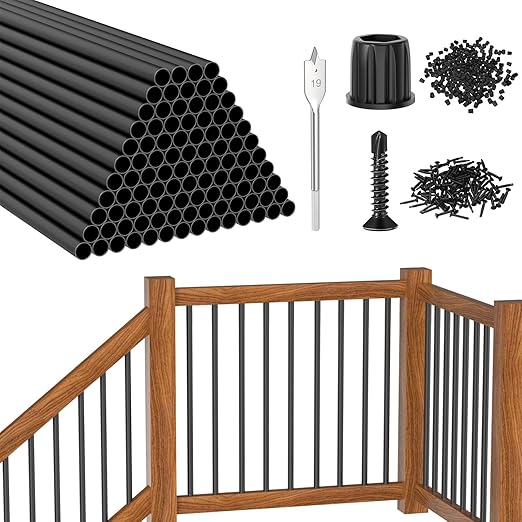CKE 100 Pack 26" Round Aluminum Deck Balusters, 3/4" Diameter Hollow Round Black Aluminum Balusters for Deck Railing, Metal Deck Baluster Stair Spindles with Screws/Conectors for Railing Fencing R26