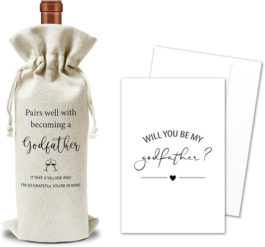 Godfather Proposal Wine Gift Bags & Card, Godfather Gifts Baptism Gifts for Godparents God Dad God Father 1pcs Reusable Burlap Wine Gift Bags for Wine Bottles, Party Favor Will You be My Godfather -19