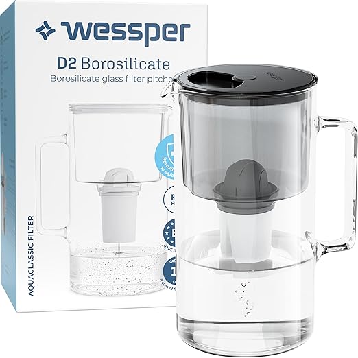 D2 Borosilicate Black Glass Water Filter Pitcher Crystal Clear Hydration 8-Cup Capacity | 2in1 Water Purifier Pitcher and Stylish Water Carafe | Efficient Filtration for Pure, Refreshing Water