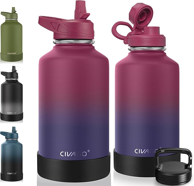 CIVAGO 64 oz Insulated Water Bottle With Straw, Half Gallon Stainless Steel Sports Water Flask Jug with 3 Lids (Straw, Spout and Handle Lid), Large Metal Thermal Cup Mug, Dark Rainbow