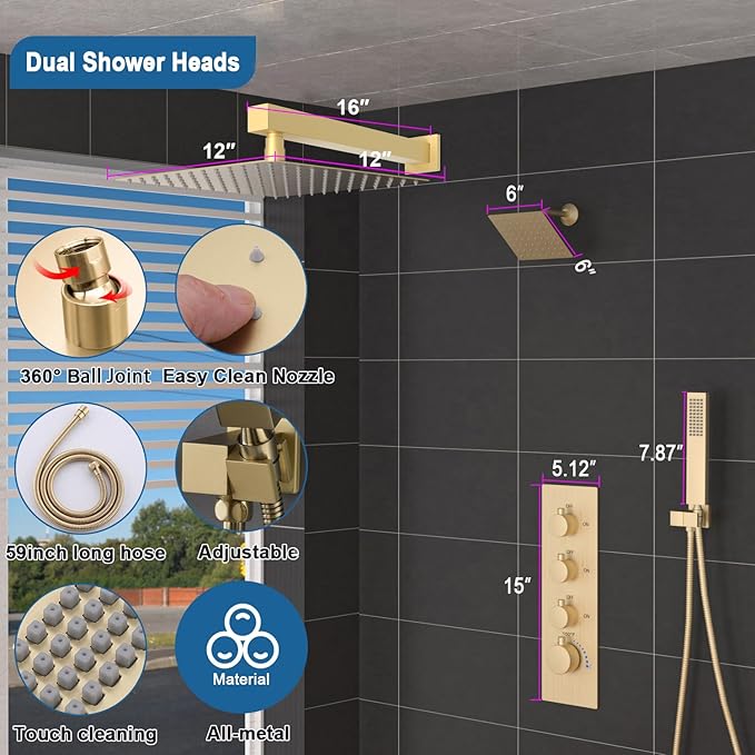 Enga Thermostatic Dual Shower System, 12"+6" Wall Mount Dual Rain Shower Faucet, All Functions Use Together & Volume Adjustable, Brushed Gold