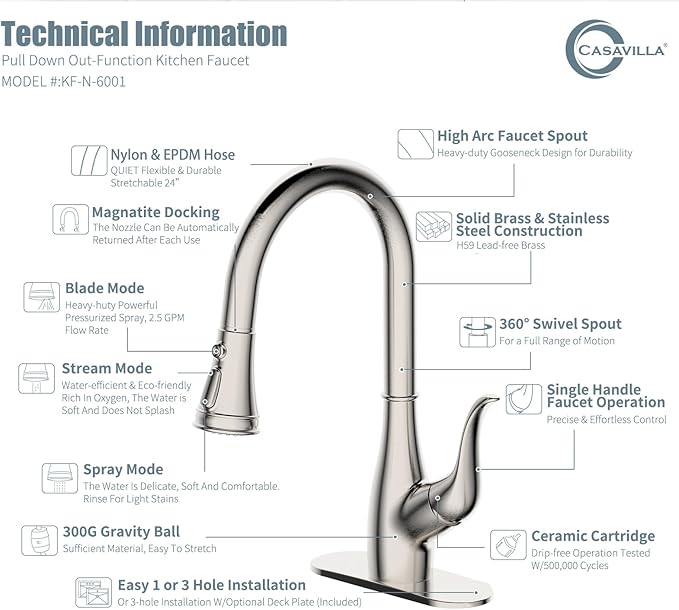 Kitchen Faucet with Soap Dispenser, Faucet for Kitchen Sink, Single Handle Stainless Steel Kitchen Sink Faucets with Pull Down Sprayer and Deck Plate, RV Sink Faucet, Nickel Brushed