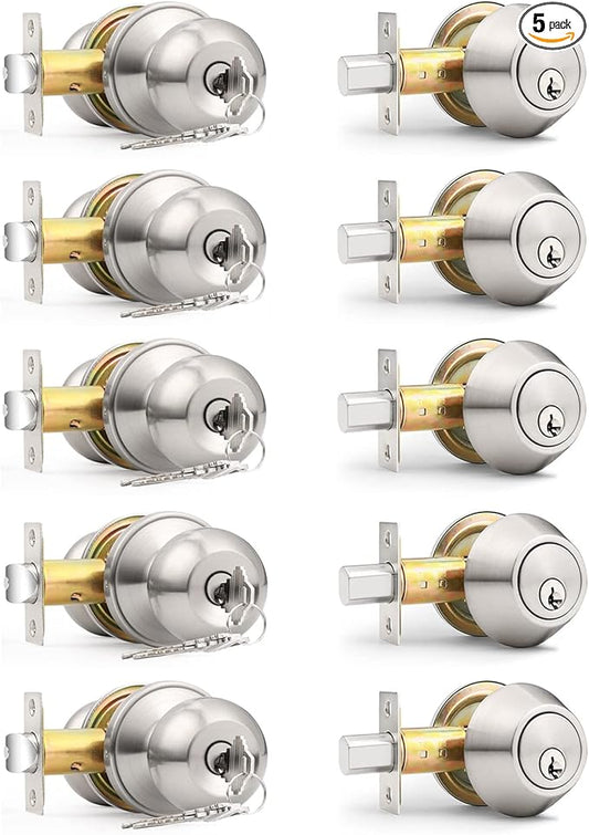 Probrico 5 Sets-Keyed Alike Entry Door Knob with Single Cylinder Deadbolts, Keyed Handleset for Front Door Exterior and Interior Hardware, Entry Lockset Lever Set Satin Nickel, Contractor Pack