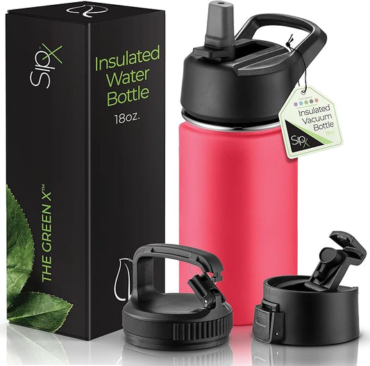 SipX™ Triple-Insulated Stainless Steel Water Bottle 18oz. With 3 Lids, BPA-Free Reusable Insulated Water Bottle Keeps Cold 24 Hours, Metal Water Bottle Made Of Sustainable Material For Hiking & Biking