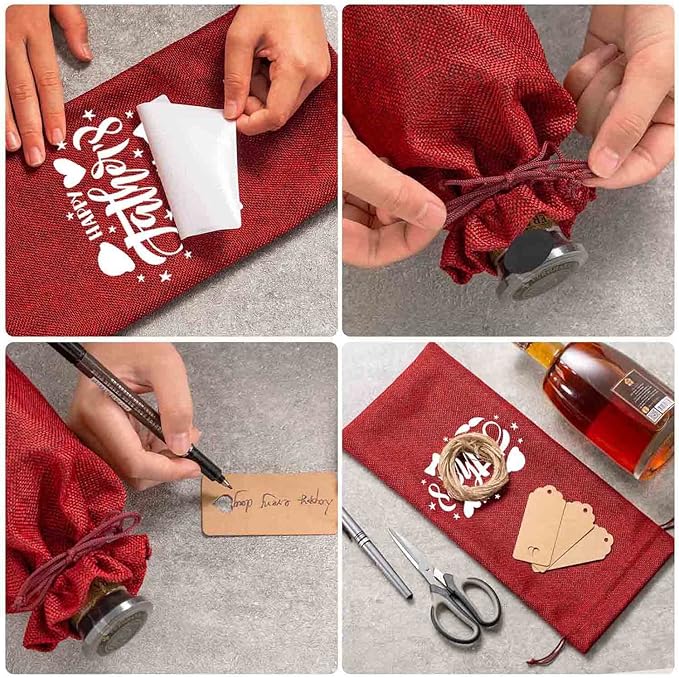 HOMUM 12 Pcs Premium Burlap Wine Bags, Wine Gift Bags with Drawstrings - Reusable Wine Bags, Wine Bottle Bags for Weddings, Parties, Blind Tastings, Christmas, Birthdays, Housewarming, Home Storage (Red)