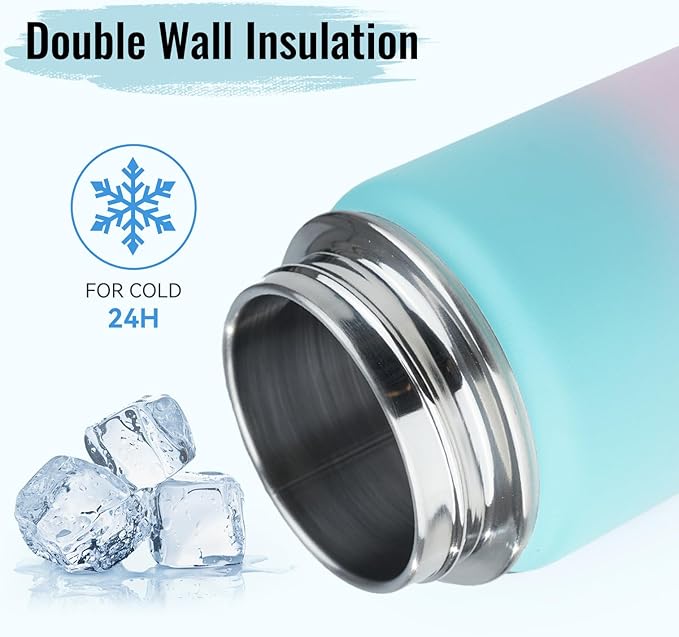 Stainless Steel Water bottle with Straw & Wide Mouth Lid, Wide Rotating Handle, 24oz Double Wall Vacuum Insulated Water Bottle Leak Proof, BPA Free, Keep Cold and Hot, 24oz, Purple Gradient