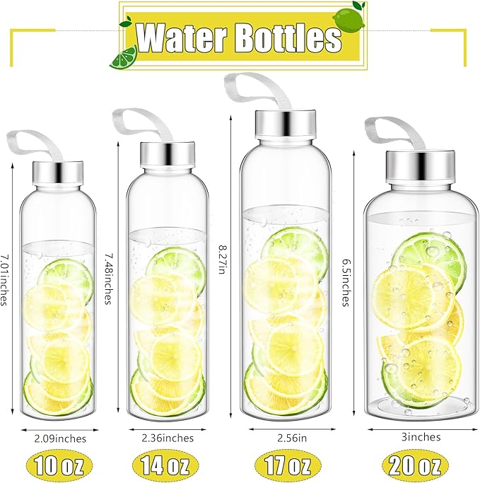 Zubebe 40 Pcs 10 oz Reusable Water Bottles Bulk Clear Bottles with Stainless Steel Leak Proof Lids Acrylic Bottles with Nylon Carrying Strap Shaker Bottles for Water, Milk, Smoothie, Juice Beverage