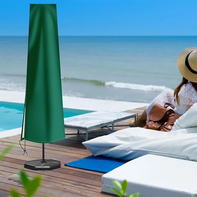 OKPOW Patio Umbrella Cover for 9ft to 12ft Outdoor Umbrellas - 420D Waterproof Garden Market Umbrella Cover Outside Parasol Covers with Zipper for Deck Pool Beach Umbrellas, Green