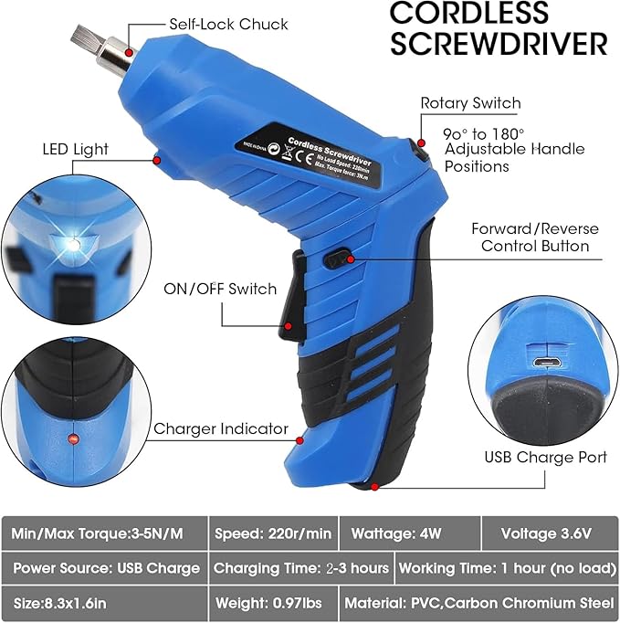 Cordless Electric Screwdriver, 3.6V usb Charging 2-3hours, Small Drills for Moving, Disassembling and Reassembling Cabinets and Beds not Suitable for Construction Sites and Concrete Drilling