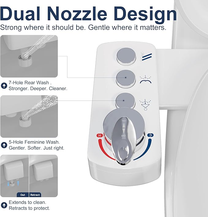 Bidet Attachment for Toilet. Dual Nozzles with Feminine & Rear Wash, Hot and Cold Water, 3-Button Control, Adjustable Pressure & Temperature, Self-Cleaning Sprayeres, Easy Install by Yourself.