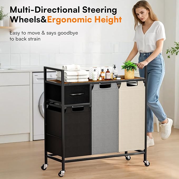 145L Laundry Hamper: Laundry sorter 3 Section - Laundry Room Organization and Storage with 4 Pull-Out Drawers, Removable Oxford Bags, Lockable Wheels & Sturdy Shelf for Home, Bathroom, Bedroom