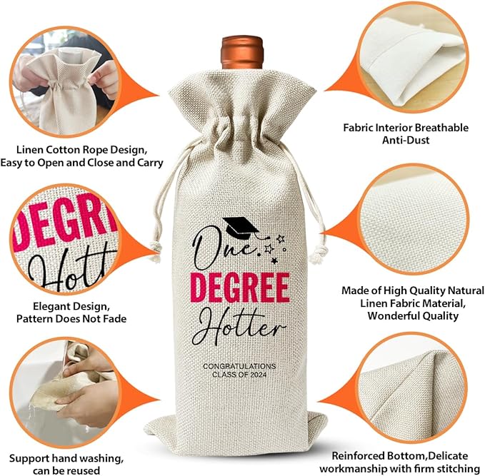 Graduation Wine Bag, One Degree Hotter Gift Wine Bag For Masters Grad, College Graduation Party Favors Decor, Farewell PHD Gift for Women, Wine Champagne Bag, Burlap Wine Bottle Cover Bag