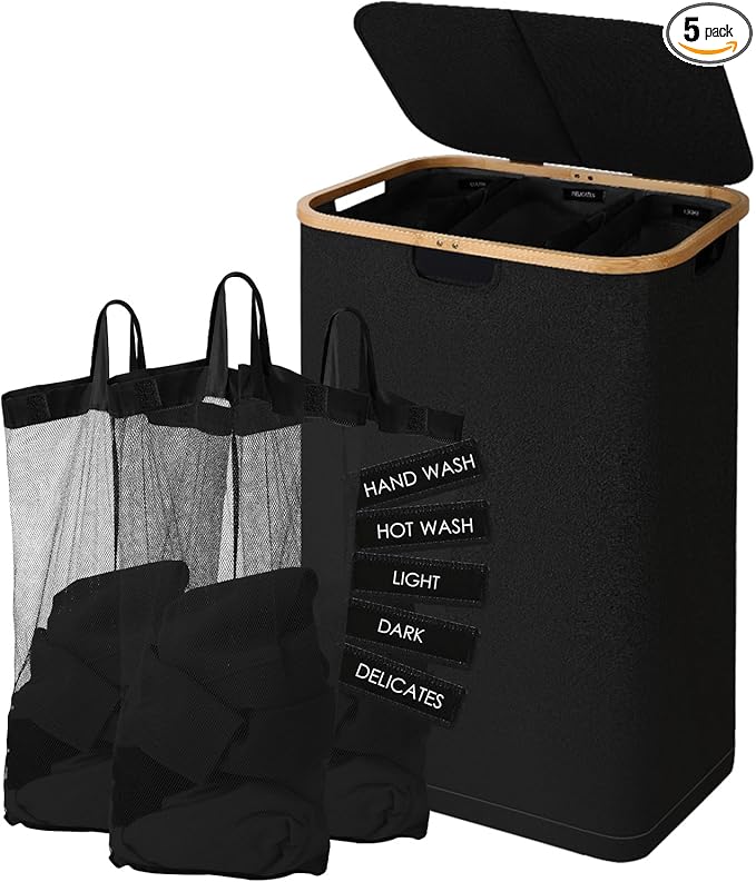 160L Laundry Sorter Hamper with Lid, 3 Section Extra Large Dirty Clothes Basket with Handles, 3 Removable Liner Bags & Labels, Black
