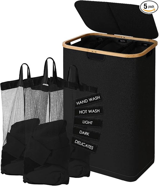 160L Laundry Sorter Hamper with Lid, 3 Section Extra Large Dirty Clothes Basket with Handles, 3 Removable Liner Bags & Labels, Black
