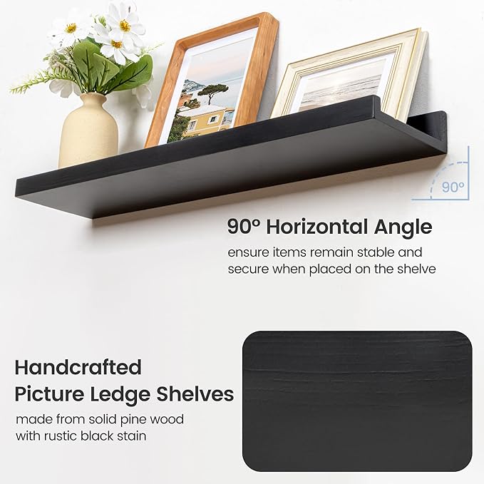 Picture Ledge Shelf for Wall, 24 inch Solid Pine Wood Nursery Book Shelves 2 Packs, Floating Ledge Shelves for Kids' Room Bedroom Bathroom Living Room Photo Frames Office Nursey Wall Decor, Black