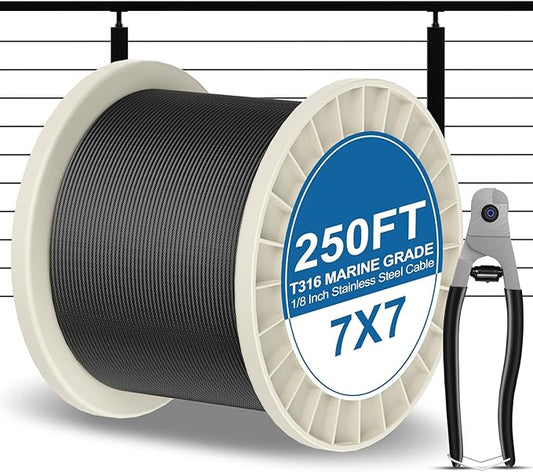 BLIKA 250FT 1/8" Black Stainless Steel Cable with Cutter, T316 Marine Grade, Stainless Steel Wire Rope 7x7 Strand Construction, 1850lbs Breaking Strength Aircraft Cable for Deck Railing