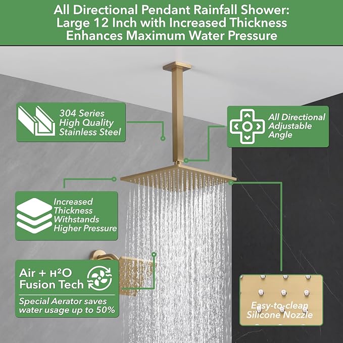 VANFOXLE Shower Faucet Set Brushed Gold Shower System,Push Button Diverter Shower Faucet with 2 in 1 Handheld,Ceiling Mount Increased Thickness 12 Inch Shower Head with 6 Inch Wall Mount Shower Head