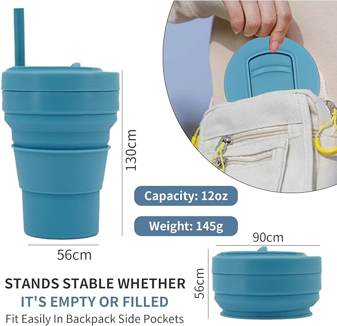 collapsible cup with Straw, Kids Insulated collapsible cups for traveling Leakproof Cup, Portable 350ml Foldable Travel Straw camping cup for Picnic,Hiking,Sports,Camping,Biking (blue)