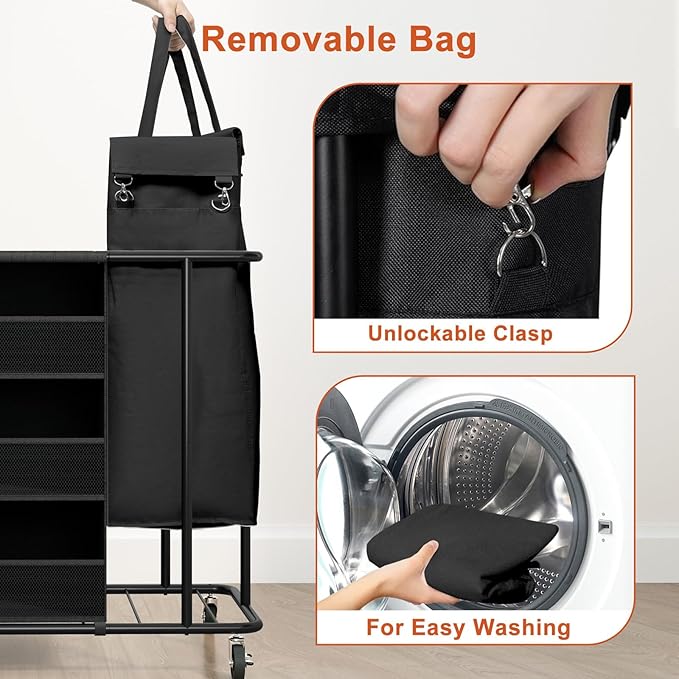 WOWLIVE Laundry Sorter with Wheels 100L Rolling Laundry Hamper with Hanging and Removable Bag Laundry Cart with Steel Frame and Storage Unit Large Basket Organizer for Dorm Room, Bathroom (Black)