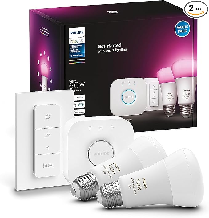 Philips Hue Smart Light Starter Kit - Includes (1) Bridge, (1) Dimmer Switch and (2) A19 LED Bulbs - White and Color Ambiance Color-Changing Light - 800LM - E26 - Control with App or Voice Assistant