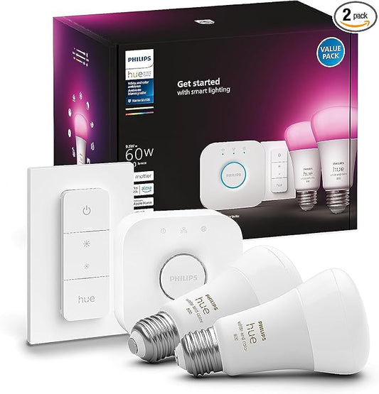 Philips Hue Smart Light Starter Kit - Includes (1) Bridge, (1) Dimmer Switch and (2) A19 LED Bulbs - White and Color Ambiance Color-Changing Light - 800LM - E26 - Control with App or Voice Assistant