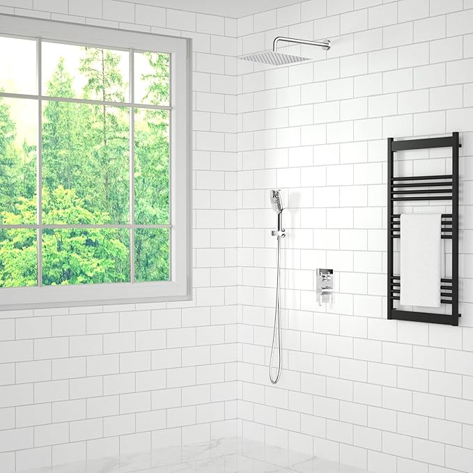 Shower Faucet Set - 12 inches Rain Shower System with 6 Function Handheld Shower Head Rough in Pressure Balance Valve Kit - Stainless Steel Bathroom Shower Kit Complete （Polished Chrome）