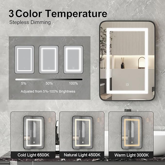 Black Lighted Medicine Cabinet Recessed Medicine Cabinets for Bathroom Medicine Cabinets with Mirror,3-Color LED Medicine Cabinet with Lights,Bathroom Mirror with Storage Wall Mounted,16x24