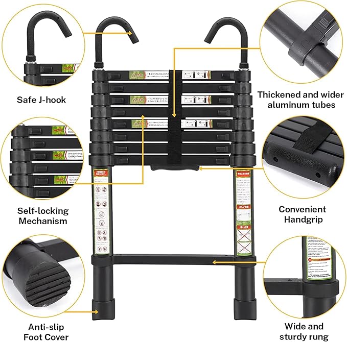 Telescopic Ladder, 6.5FT RIKADE Aluminum Telescoping Ladder with Non-Slip Feet and Stable Hook, Portable Extension Ladder for Household and Outdoor Working, 330lb Capacity