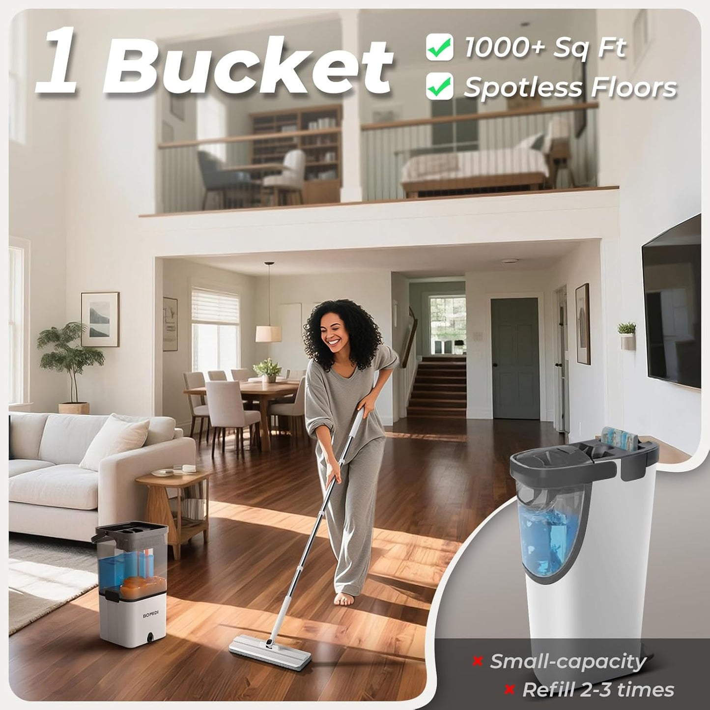 Mop and Bucket Set, Flat Microfiber Mops for Floor Cleaning, Wall Cleaner Mop and Bucket System with Wringer, Wet and Dry Use