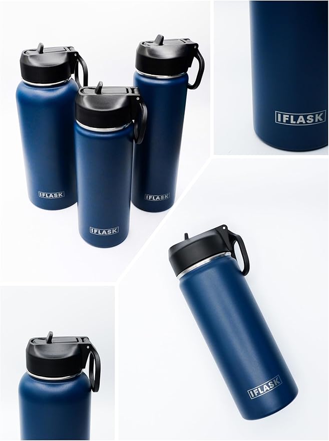 Sport Travel Outdoor Water Bottle with Spout and Straw Lids | Leak Proof | Insulated Stainless Steel Double Walled | BPA and Sweat free | Hot & Cold | For Kids Men & Women (Navy, 22 oz)