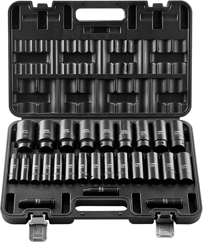 VEVOR Impact Socket Set, 26pcs x 1/2inch Metric 10mm-36mm Impact Sockets, 6-Point Deep Socket Rugged Construction High-torque, Cr-V 1/2 Inches Drive Socket Set Impact with a Storage Cage
