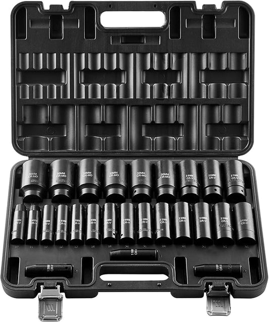 VEVOR Impact Socket Set, 26pcs x 1/2inch Metric 10mm-36mm Impact Sockets, 6-Point Deep Socket Rugged Construction High-torque, Cr-V 1/2 Inches Drive Socket Set Impact with a Storage Cage
