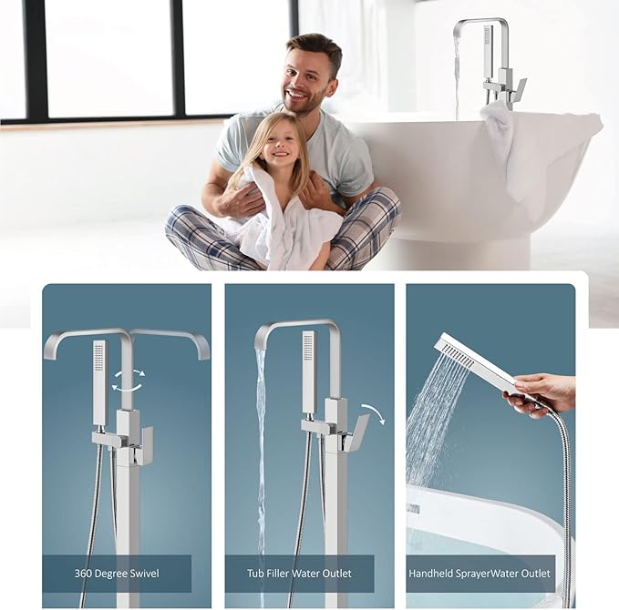 Aolemi Freestanding Bathtub Faucet Polish Chrome Floor Mount Tub Filler Brass Tap Single Handle with Hand Sprayer