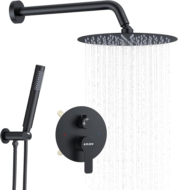 KOJOX 10 Inch Matte Black Shower System with High Pressure Rain Shower Head, Handheld Shower Head, Bathroom Mixer Shower Set Wall Mounted Shower Faucet Rough-in Valve and Trim Kit