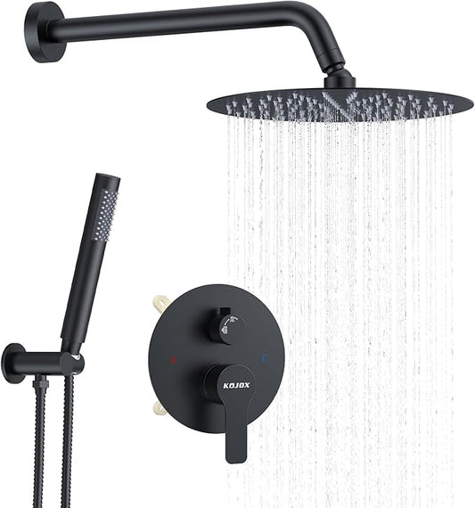 KOJOX 10 Inch Matte Black Shower System with High Pressure Rain Shower Head, Handheld Shower Head, Bathroom Mixer Shower Set Wall Mounted Shower Faucet Rough-in Valve and Trim Kit