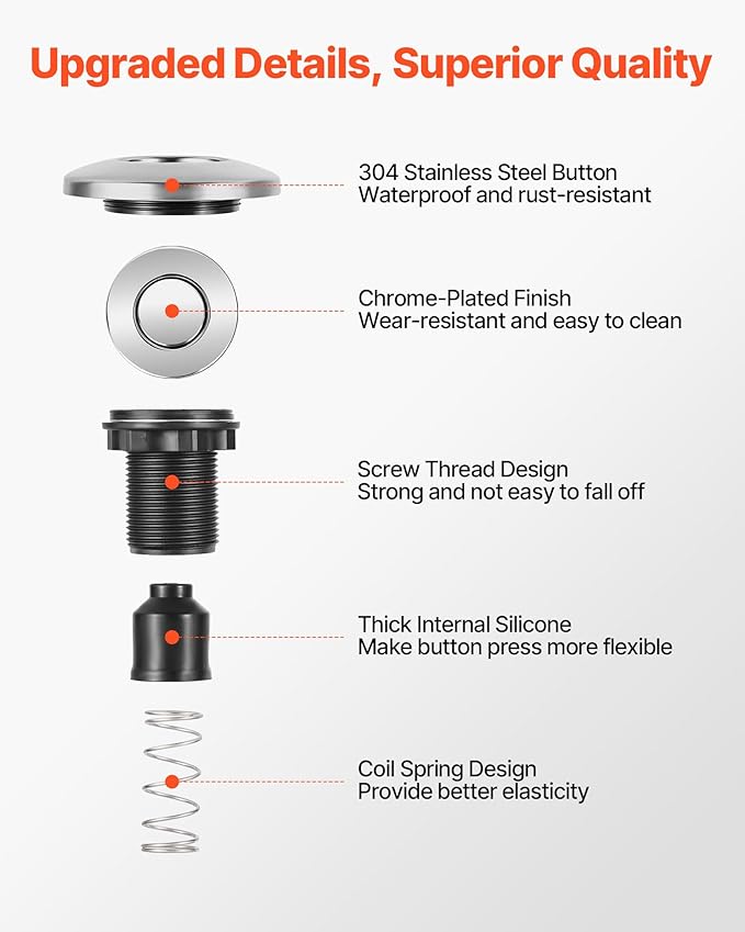 VEVOR Garbage Disposal Air Switch Kit, Dual Outlet Sink Top Air Switch for Food Waste Disposal, 2.5-inch Chrome-Plated Stainless Steel ON/OFF Air Push Button, Suitable for Stainless Steel Countertops