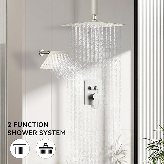 Shower Faucets Sets Shower System Brushed Nickel, STARBATH 10" Ceiling Mount Rain Showerhead and 6" Wall Mounted Rainfall Shower for Couples, On Off Button Valve Dual Head Shower Systems Complete