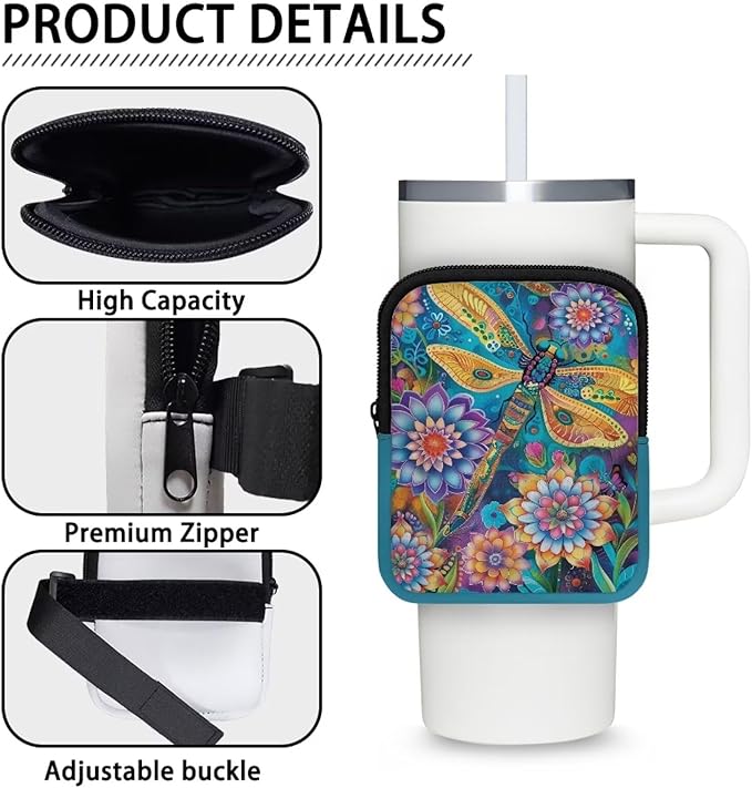Dragonfly Boho Flower Stanley Cup Pouch with Adjustable Strap Water Bottle Storage Bag 20oz-40oz IceFlow Tumbler Pouch for Stanley Accessories