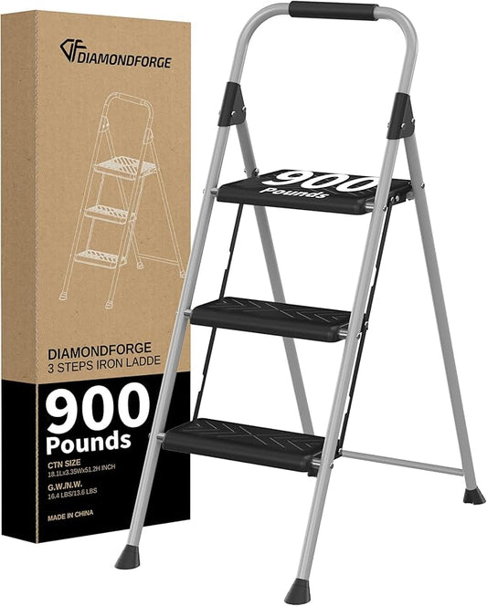 3 Step Ladder, Folding Step Stool with Anti-Slip Wide Pedal, Soft Handle, Anti-Slip Feet, Sturdiest Steel Construction, 900lbs Capacity Steel Ladder for Home and Office, Grey